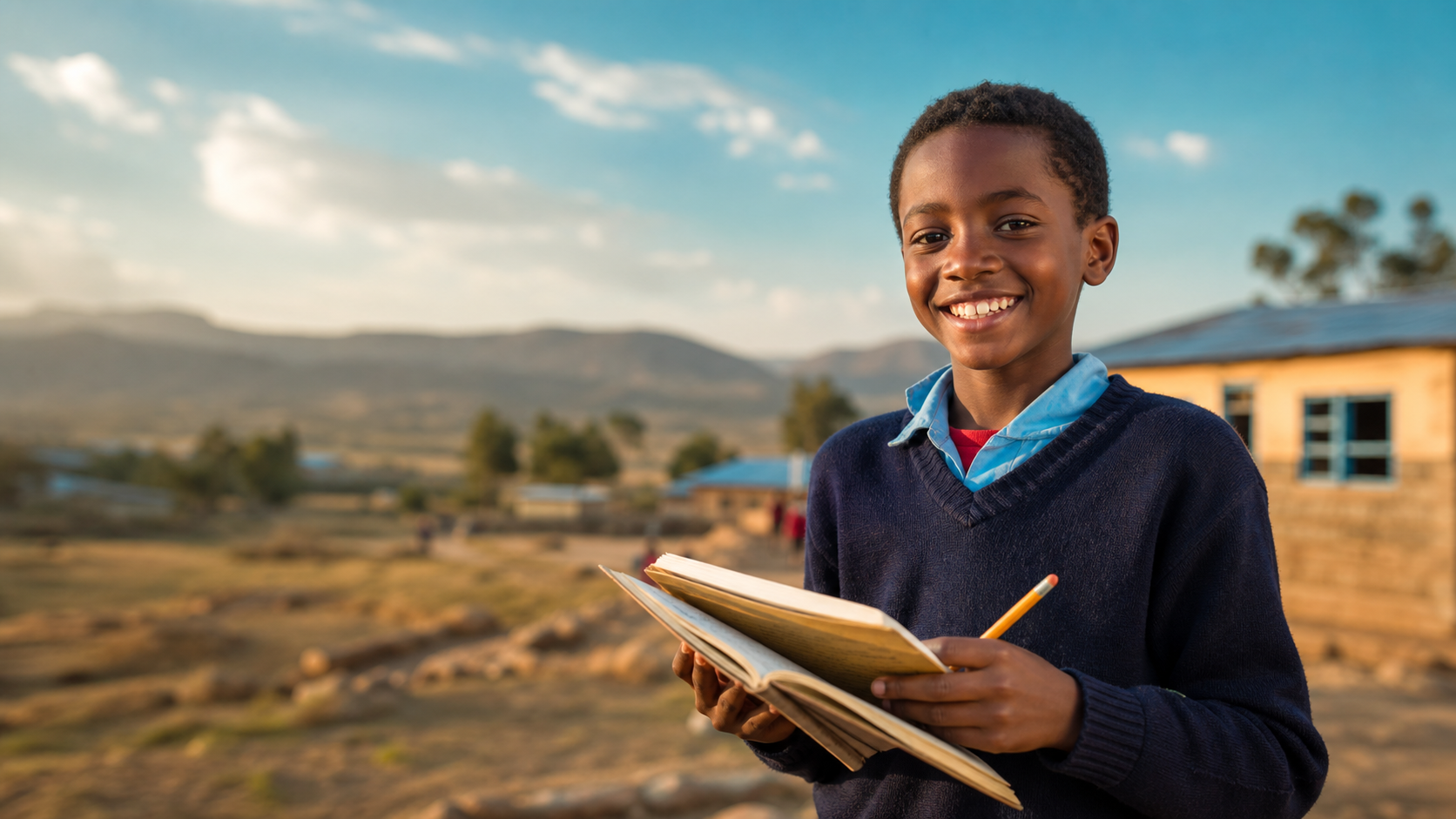 Student holding a book outdoors